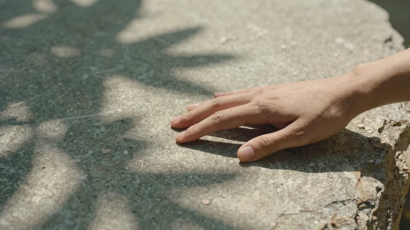 Close-up of hands gently touching textured natural stone, soft na