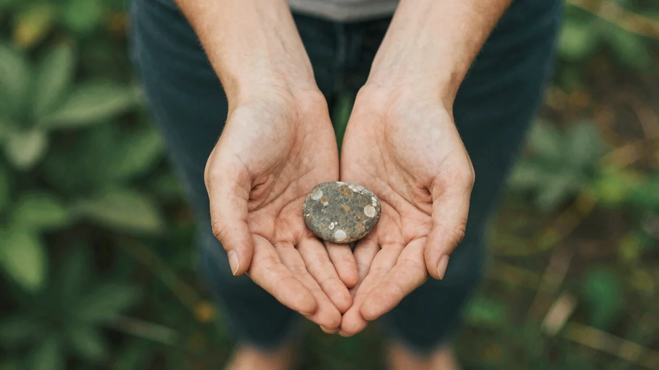 Close-up of gentle hands holding a small, smooth pebble, soft nat